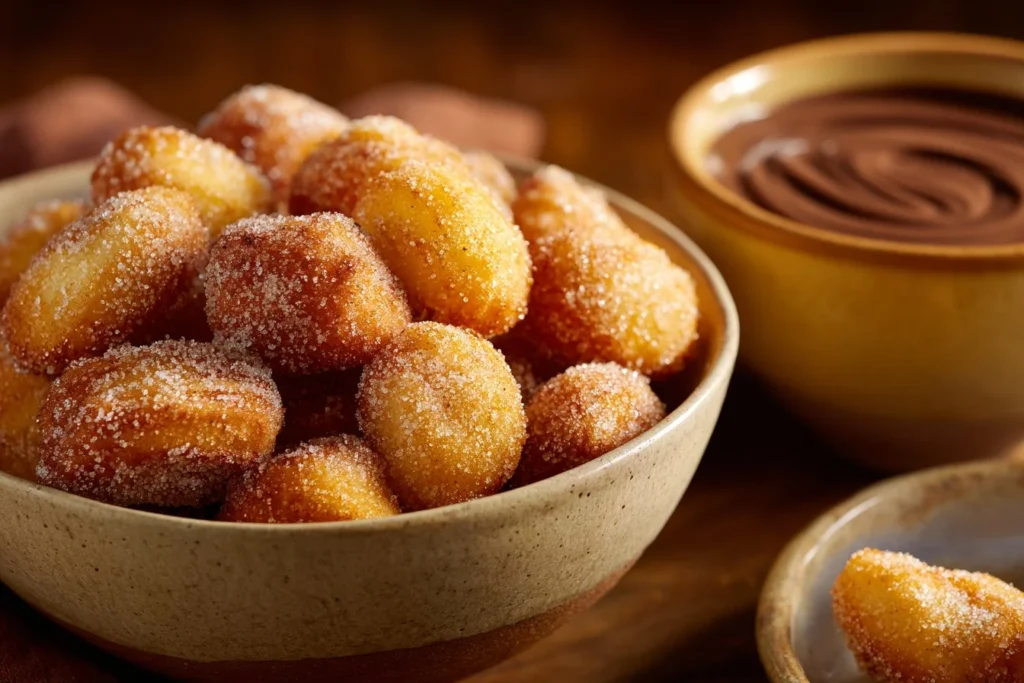 Healthy air fryer churro bites served on a plate with cinnamon sugar