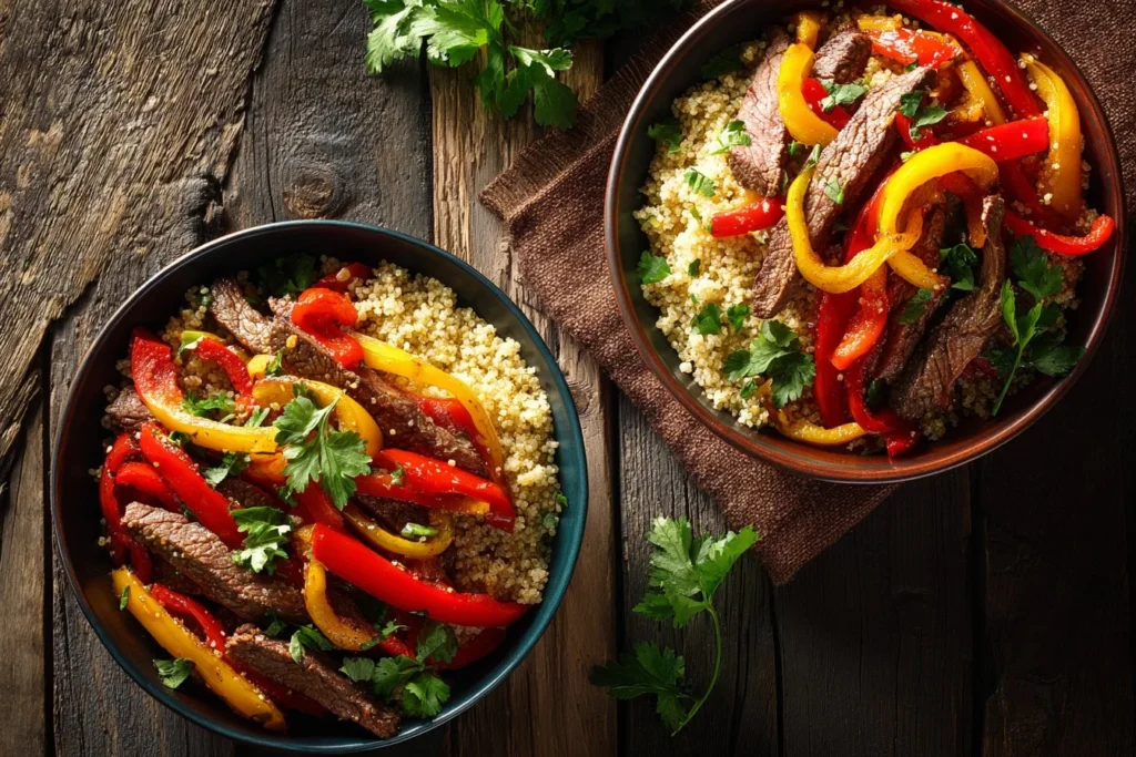 Healthy low carb steak fajita bowl with colorful veggies and grilled steak