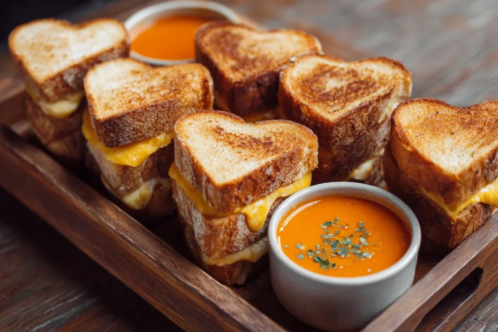 Heart-shaped grilled cheese dippers served with a dipping sauce.