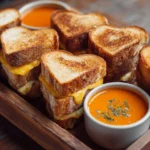 Heart-shaped grilled cheese dippers served with a dipping sauce.