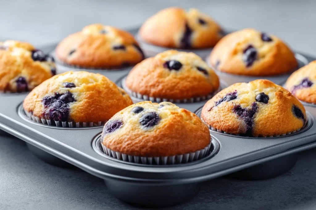 Hearty blueberry protein muffins fresh out of the oven