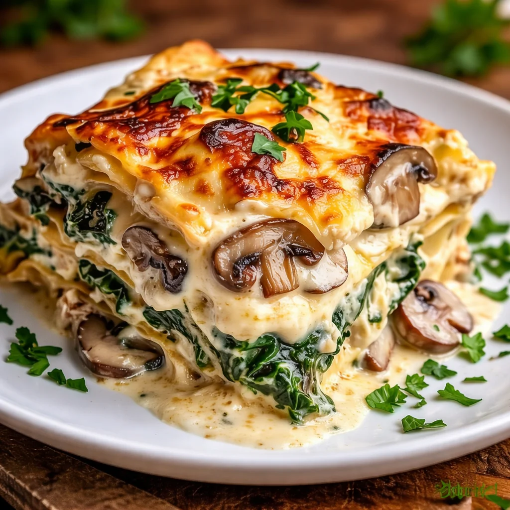 Creamy Spinach and Mushroom Lasagna with layers of spinach, mushrooms, and cheese.