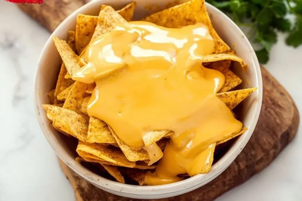 Homemade nacho cheese sauce recipe served with tortilla chips