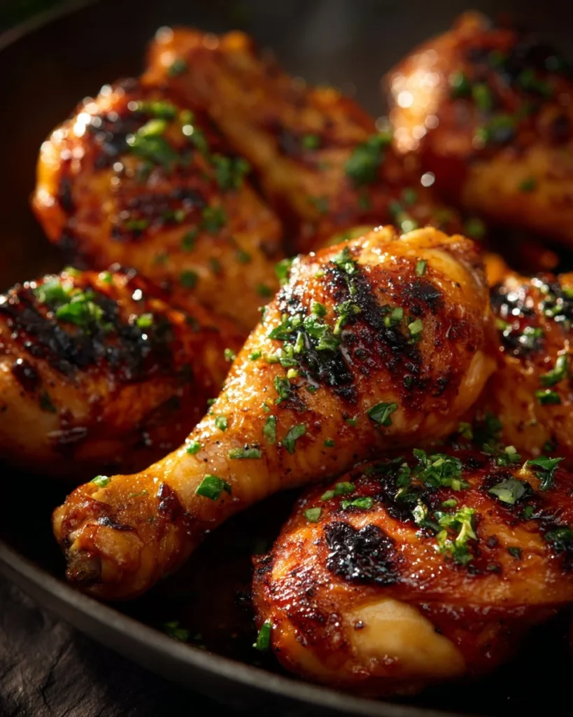 Honey Garlic Chicken drumsticks baked to perfection, glazed with a sweet sauce.