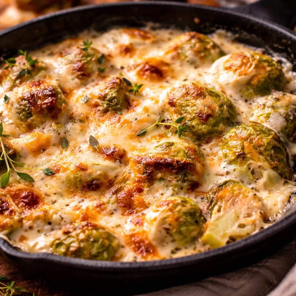 Delicious creamy baked Brussel sprouts casserole with cheese and garlic.