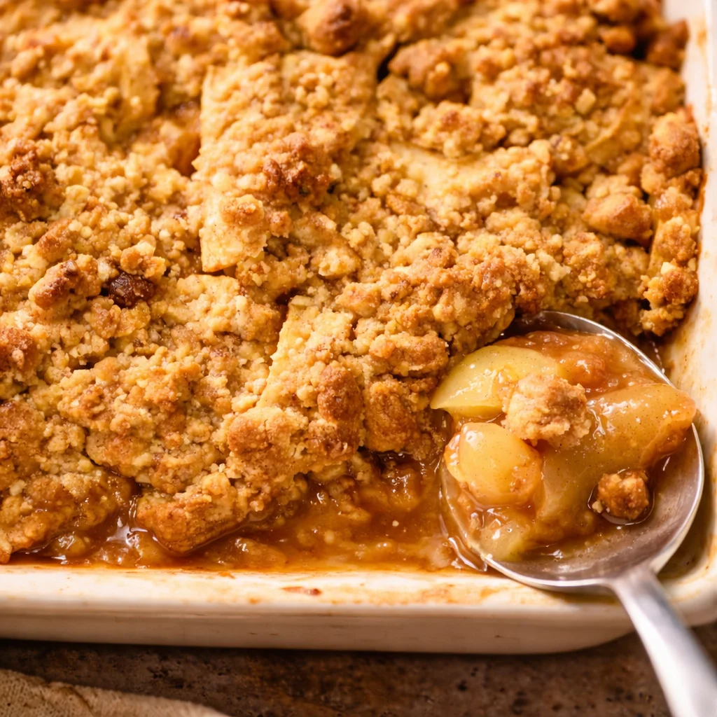 Delicious baked apple crumble served warm with a crumbly topping and vanilla ice cream.