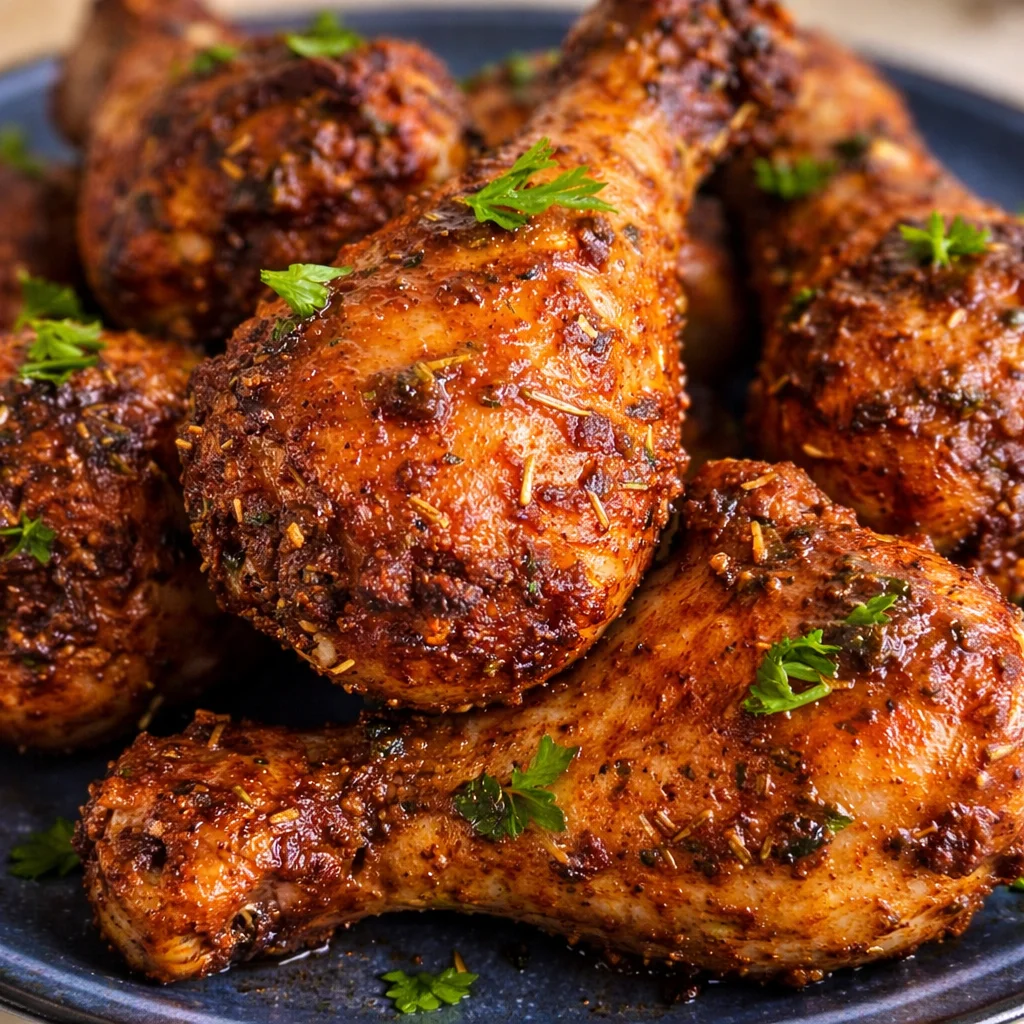 Tender and juicy oven-baked chicken legs seasoned with spices.