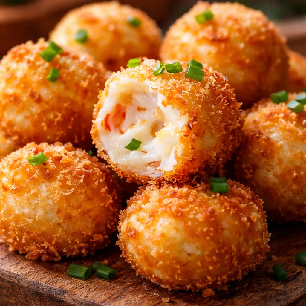 Crispy Crab Rangoon Bombs filled with crab and cream cheese, served as an appetizer.