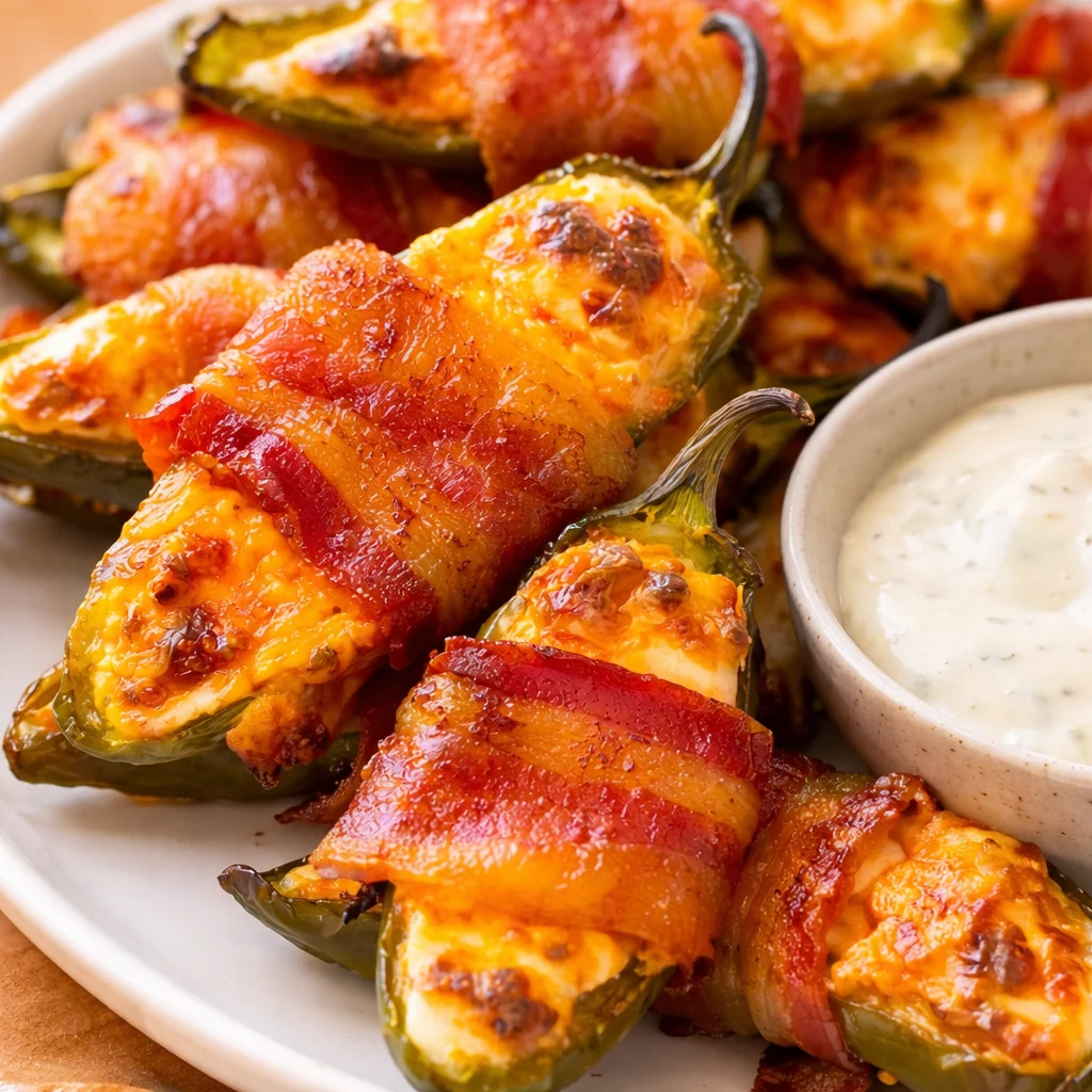 Delicious Jalapeno Poppers with Bacon, creamy filling, and crispy bacon topping.