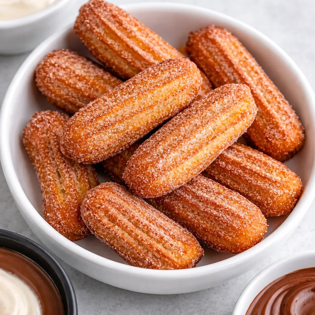 Easy Baked Churro Bites coated in cinnamon sugar on a plate.