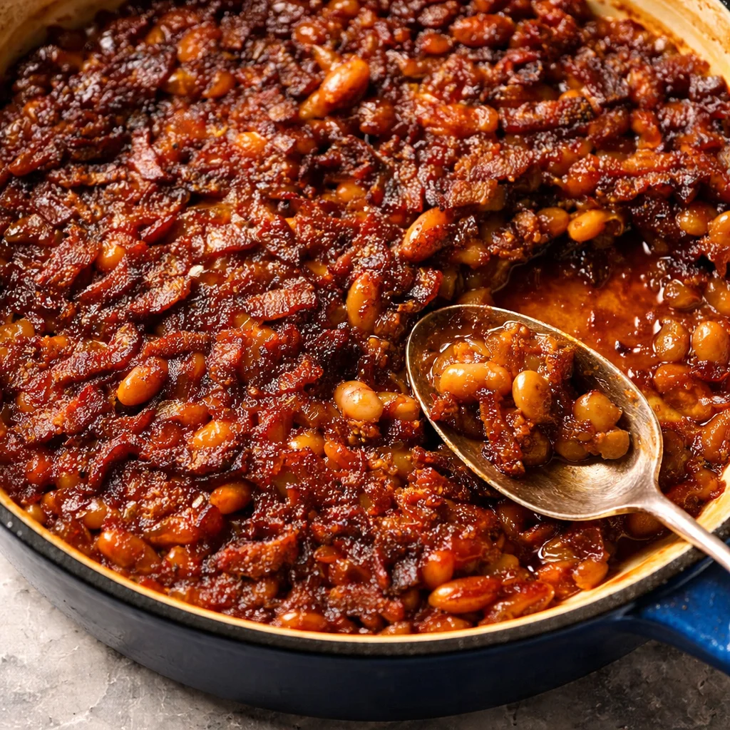 Delicious homemade baked beans with BBQ sauce and smoky flavors.