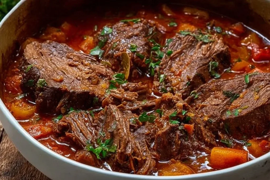 Delicious Italian Pot Roast served with herbs and vegetables in a rustic setting