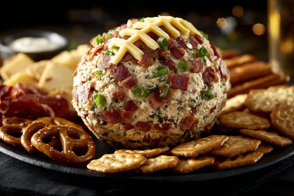 Jalapeño Popper Cheese Ball shaped like a football for game day snacks