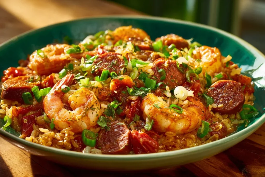 A delicious plate of jambalaya featuring rice, shrimp, sausage, and spices.