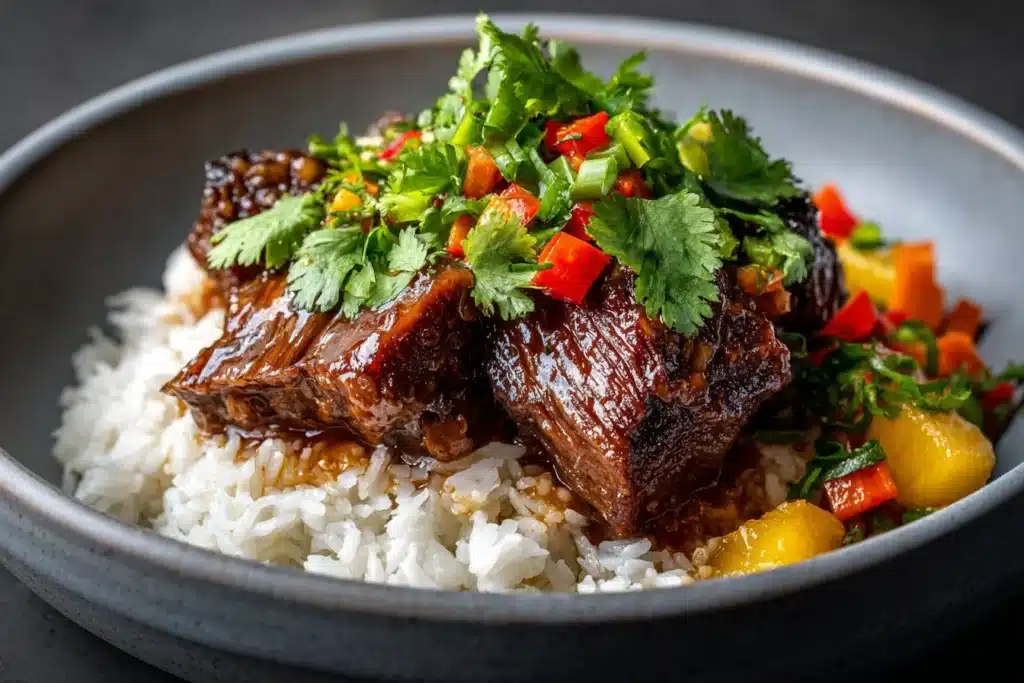 Delicious Korean Style Pot Roast served with vegetables and garnished