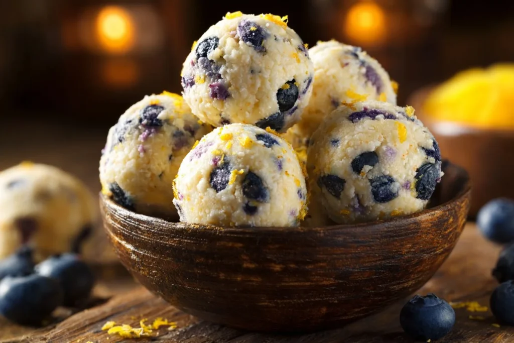 Lemon Blueberry Cottage Cheese Protein Bites on a white plate
