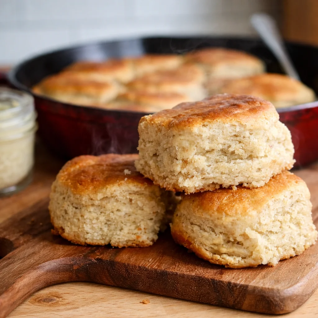 Flaky and buttery Easy Sourdough Discard Biscuits on a wooden table.