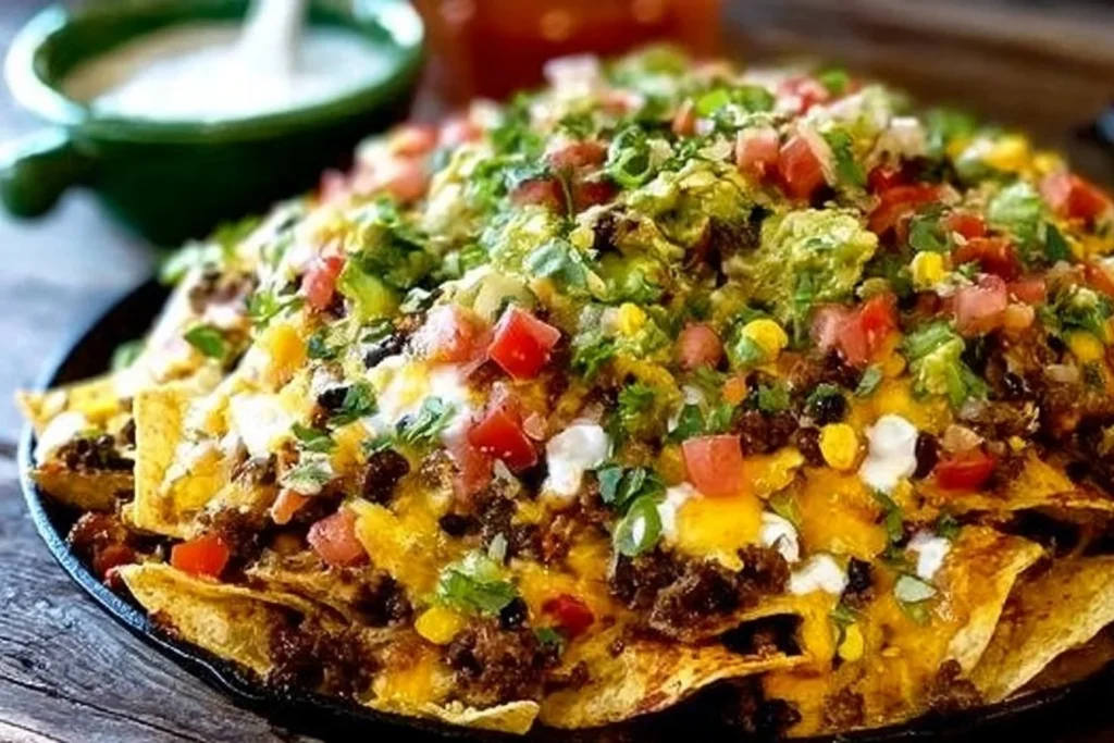 Delicious loaded nachos topped with cheese, jalapeños, and toppings
