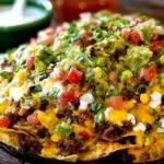 Delicious loaded nachos topped with cheese, jalapeños, and toppings
