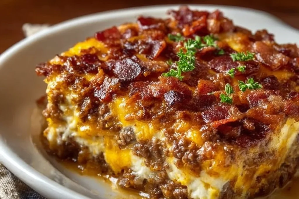 Low-carb bacon cheeseburger casserole with cheese and bacon