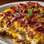 Low-carb bacon cheeseburger casserole with cheese and bacon