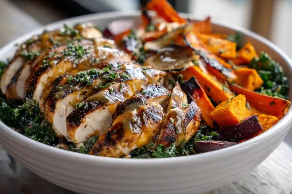 Maple Dijon Chicken served with roasted sweet potatoes in a bowl.
