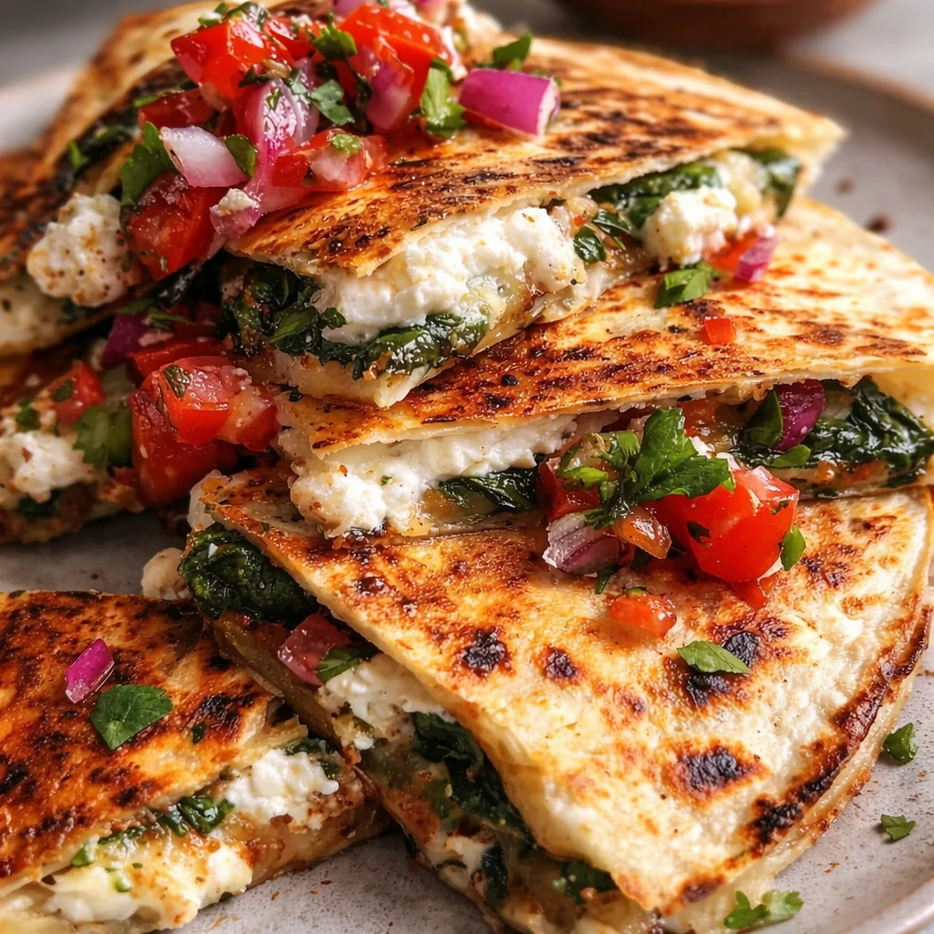 Mediterranean Quesadillas with Spinach, Feta, Mozzarella, and Red Onion served on a plate.
