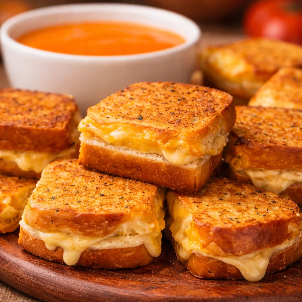 Mini Grilled Cheese Hawaiian Rolls with melted cheese, crispy golden crust, and tomato soup.