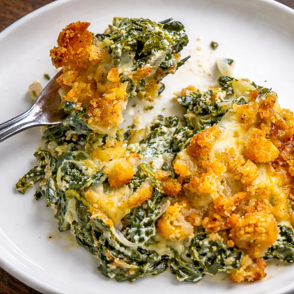 Delicious Italian Spinach Bake topped with melted cheese and fresh spinach