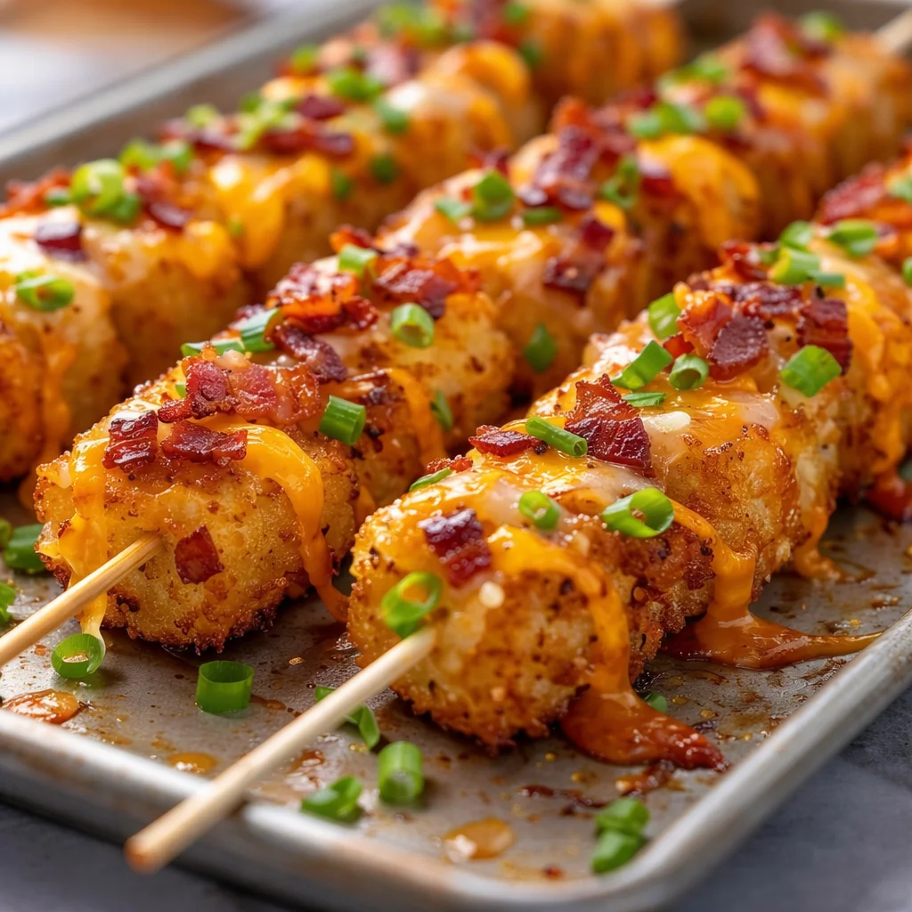 Loaded Tater Tot Skewers with cheese, bacon, and green onions served as an appetizer.