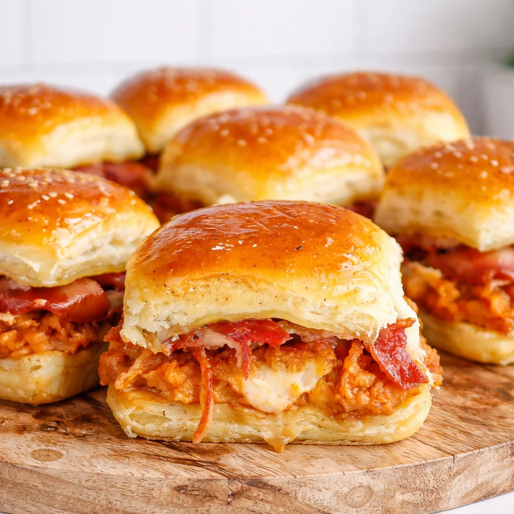 Delicious Maple Chicken Bacon Sliders on Hawaiian Rolls with cheese and bacon.