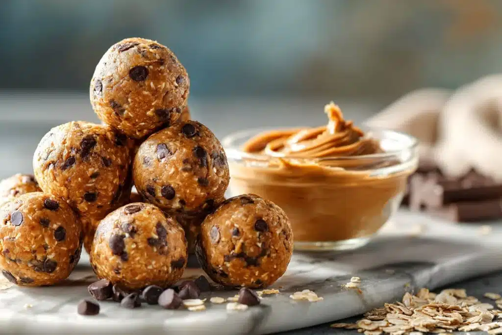 No-bake peanut butter energy bites made with oats and honey in a bowl