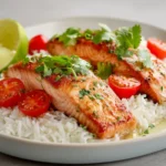 One-Pan Coconut Curry Salmon drizzled with Garlic Butter for a delicious meal