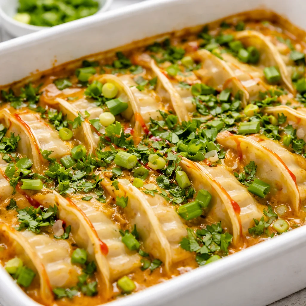 Viral Dumpling Bake served in a creamy curry sauce with crispy baked dumplings.