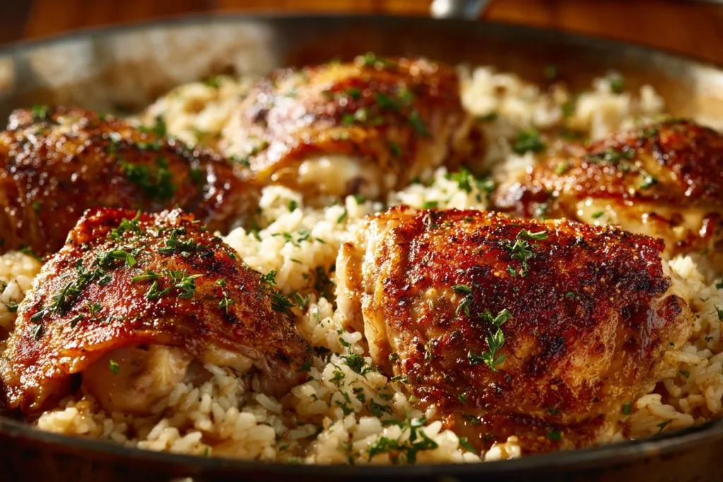 One Pot Chicken and Rice meal served in a skillet