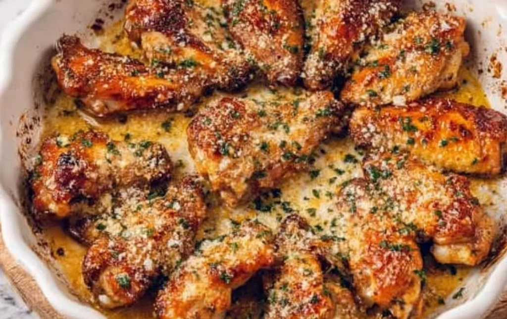 Oven-roasted garlic parmesan wings served on a plate.