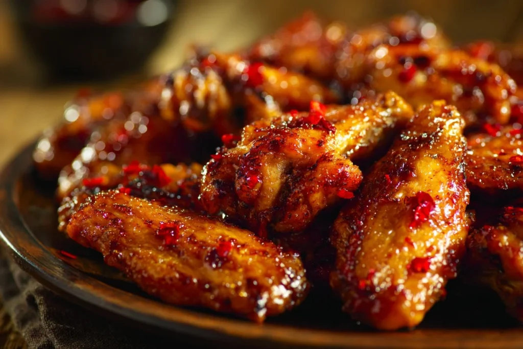Pineapple Cowboy Candy Chicken Wings glazed with sweet and spicy sauce