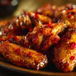 Pineapple Cowboy Candy Chicken Wings glazed with sweet and spicy sauce