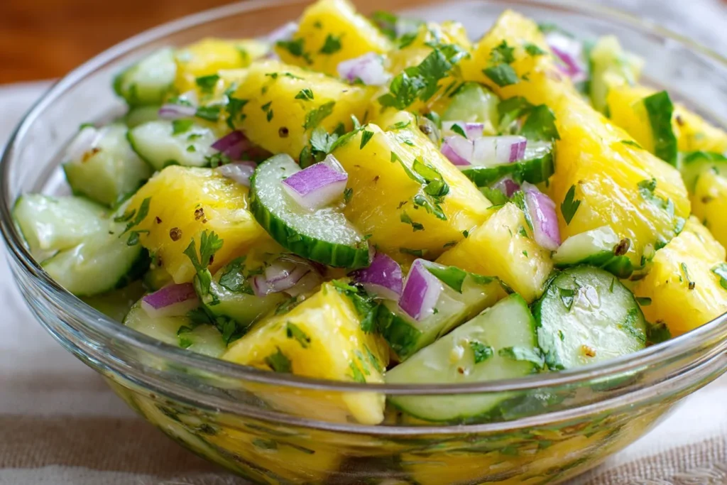 A vibrant Pineapple Cucumber Salad featuring fresh pineapple and cucumbers in a bowl.