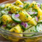 A vibrant Pineapple Cucumber Salad featuring fresh pineapple and cucumbers in a bowl.