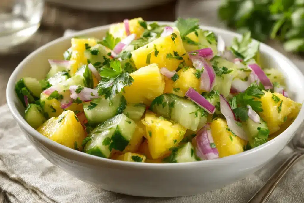 Fresh Pineapple Cucumber Salad served in a bowl with herbs and spices