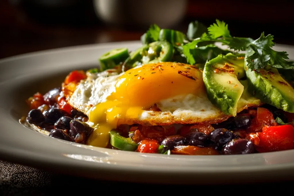 Plate of delicious Ranch Eggs served with herbs and vegetables