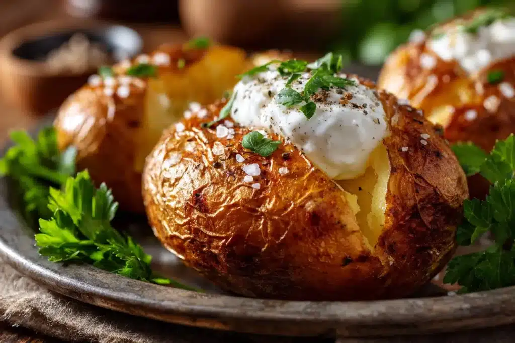 Delicious restaurant-style baked potatoes topped with sour cream and chives.