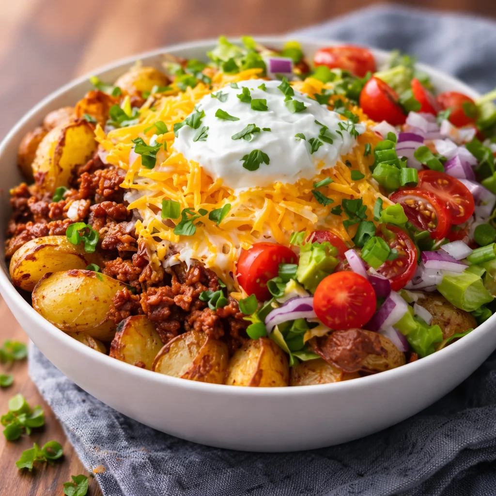 Loaded Potato Taco Bowl topped with crispy potatoes, spiced beef, cheese, and fresh toppings.