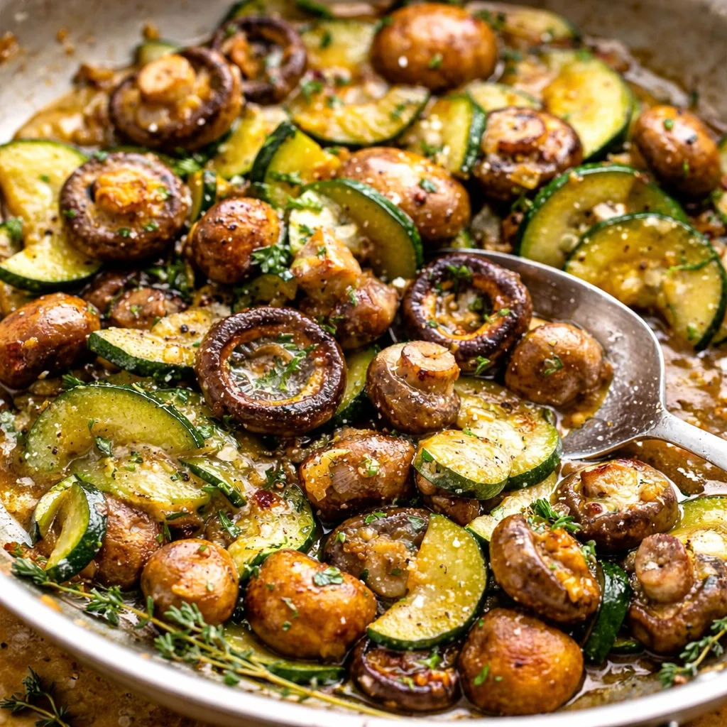 Skillet sautéed zucchini, mushrooms, and onions garnished with herbs in a serving dish.