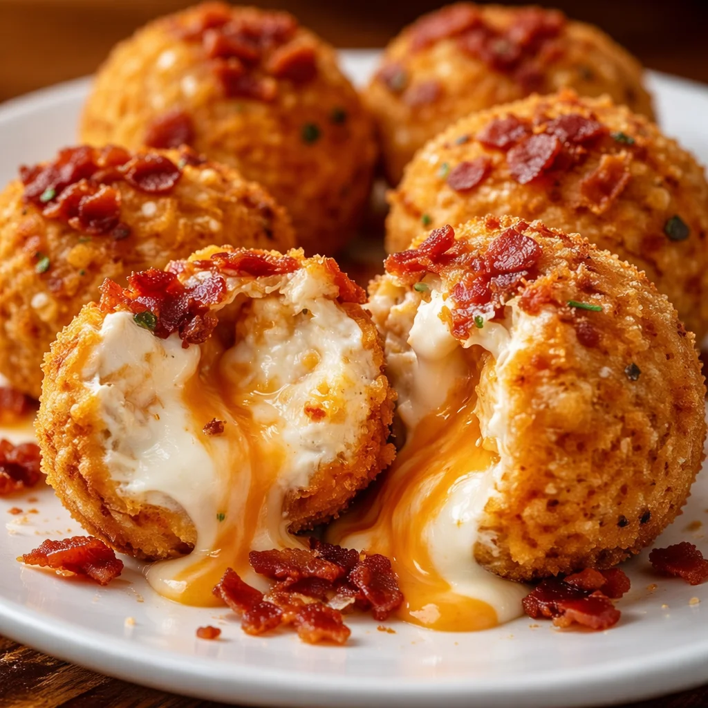Buffalo Chicken Bacon Mozzarella Bombs served on a plate, showcasing golden crispy bites.