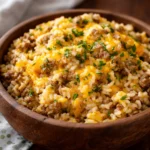 Cheesy Ground Beef and Rice Casserole with melted cheese and ground beef