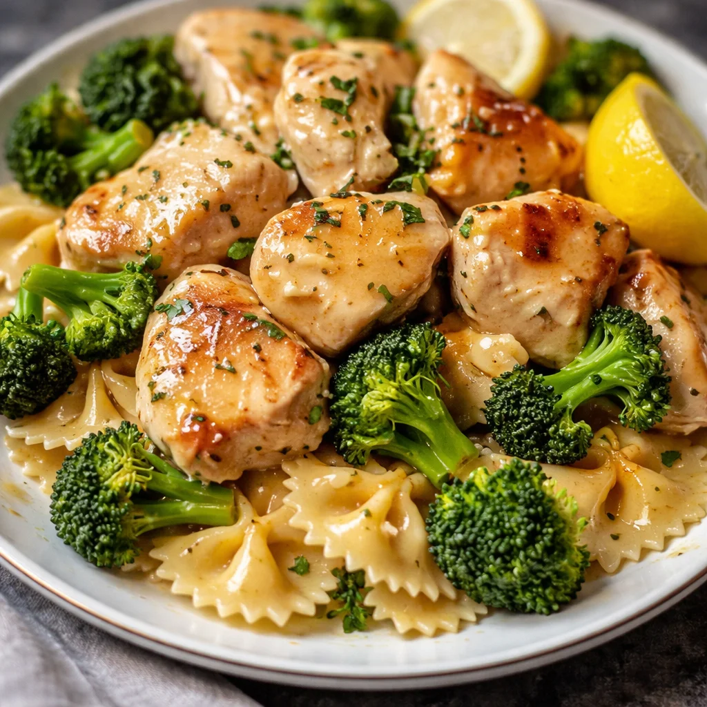 Cowboy Butter Lemon Bowtie Chicken Pasta with Broccoli in a skillet.