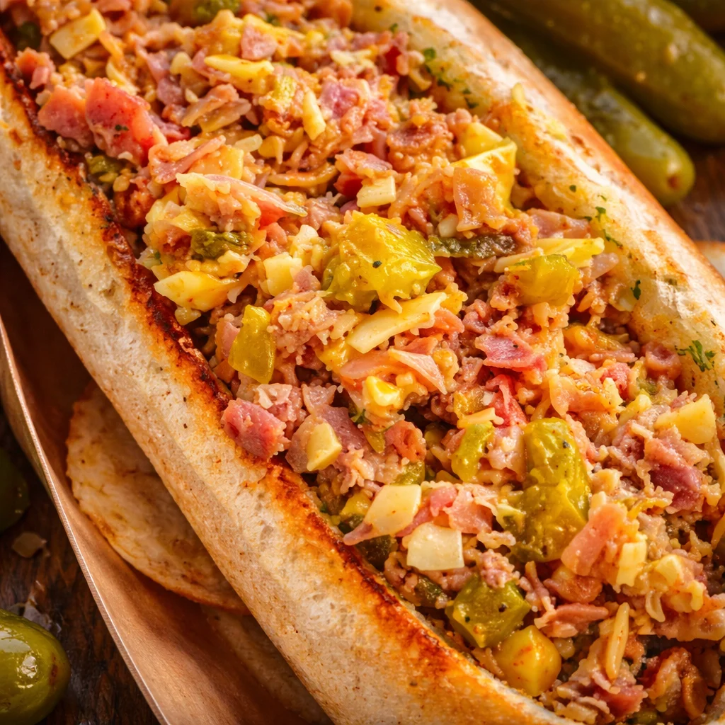Cuban Chopped Grinder Sandwich with roast pork, ham, cheese, and pickles in a crusty roll.