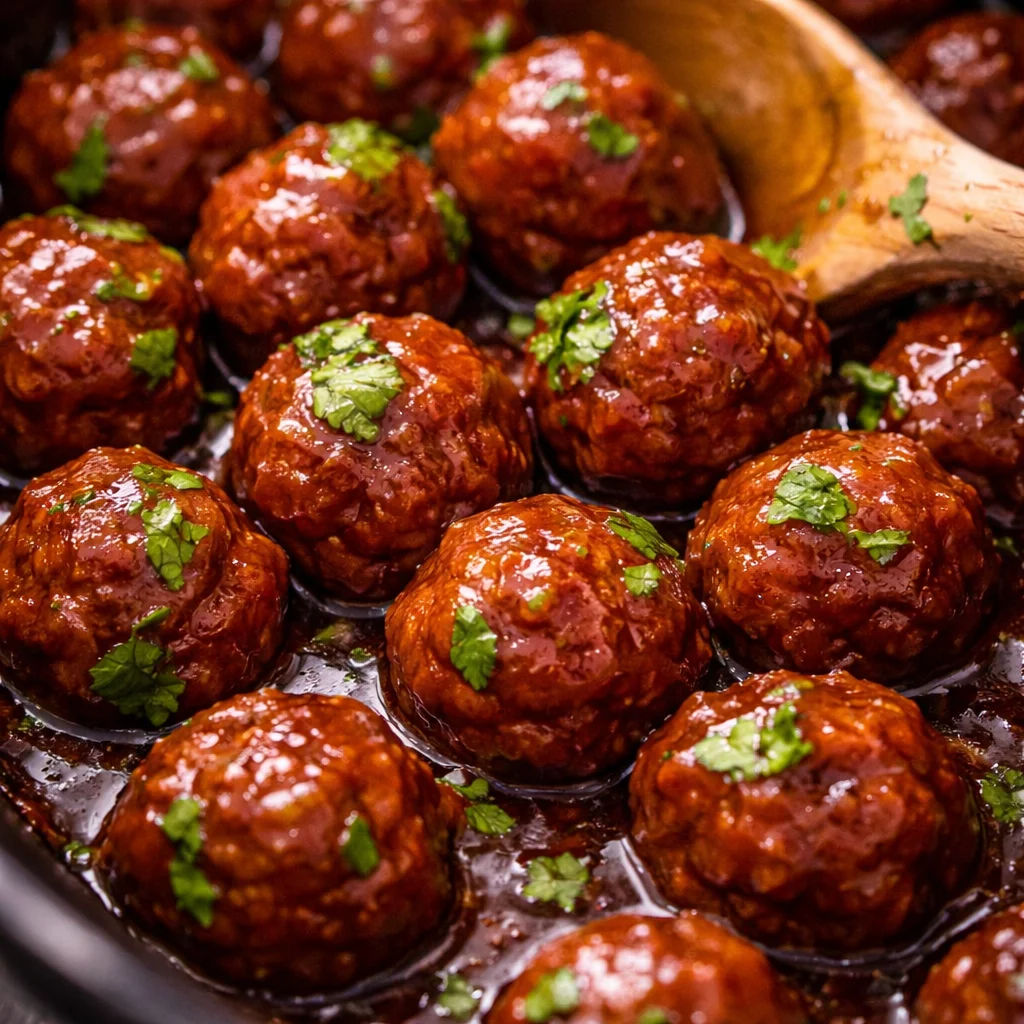 Easy Grape Jelly Meatballs with flavorful sauce served in a dish.